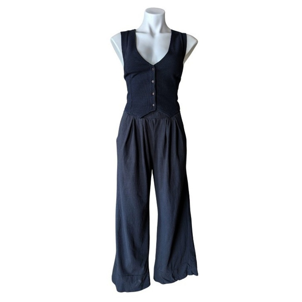 Free People FP Beach Black Ribbed 2pc Vest Wide Leg Pant Suit Corset Back Medium